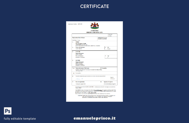 certificato di nascita del Lesotho in stile verificato modello Word e PDF